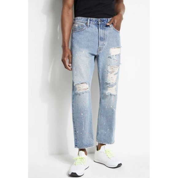 Guess Men’s Relaxed Paint Splatter Cropped Jeans Destroy Blue Size 33